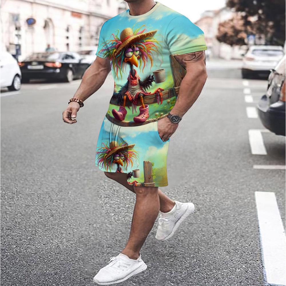 Funny Men's T-shirt Pants Set Cartoon Duck Print Summer Casual Short Sleeve Pullover T-shirts Outdoor Male Overszied Clothing