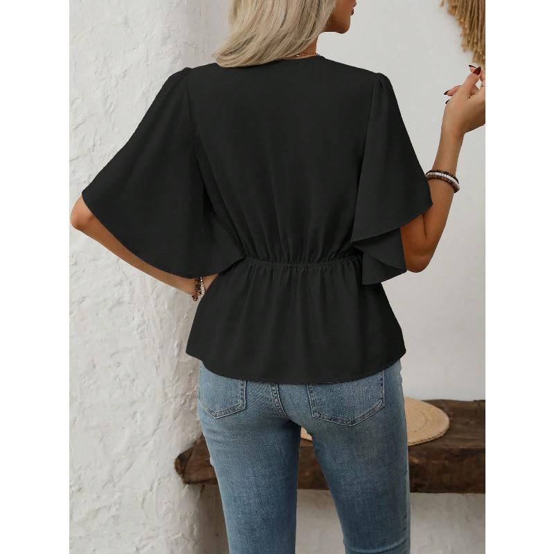 JKASHDK Women's Fashion Casual Summer Spring Solid Color Print Short Sleeve V-Neck Blouses & Shirts