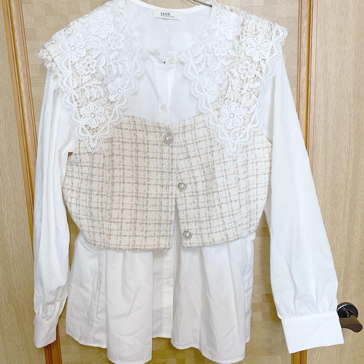 earth musicecology Lace Collar Blouse x Tweed Skirt White Long Sleeve Ruffle Shirt Long Sleeve Shirt Natural