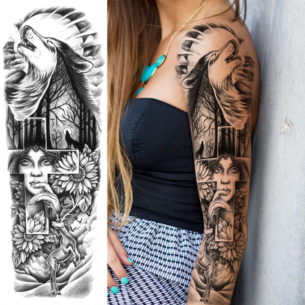 1 Sheet Long Sleeve Temporary Tattoos For Men Women Flower Skull Lion Wolf Tiger Nun Fox Compass Tattoo Sticker Body Art Arm Leg