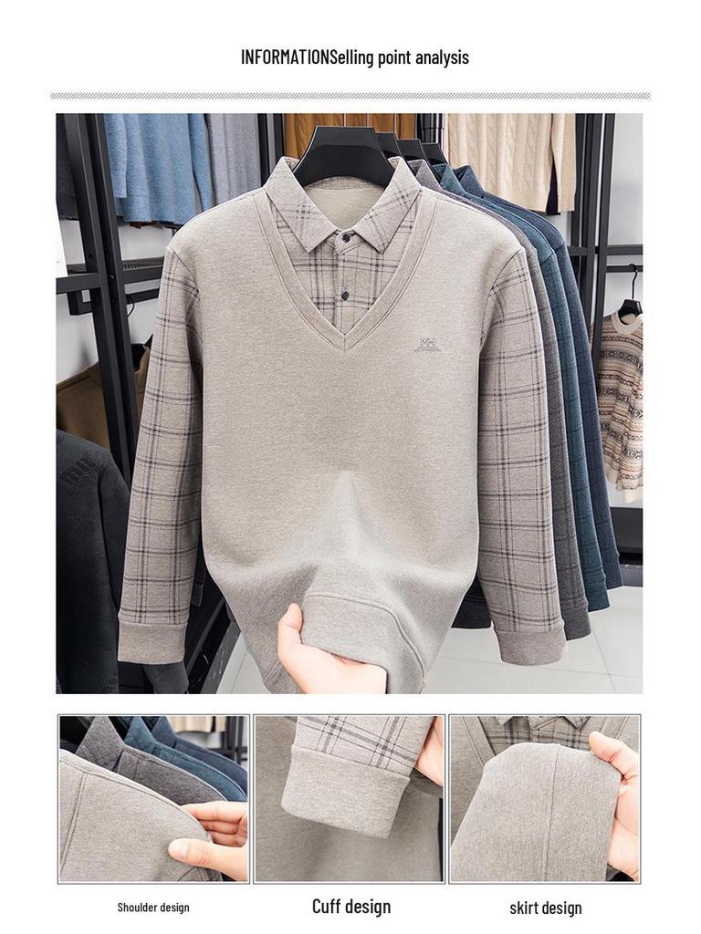 Men's Wool & Silk Two-Piece Look Sweater, Turn-Down Collar, Plus Velvet Lining, Warm Knitted Winter Wear for Dad