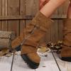 Spring Autumn New Round Toe Mid-Calf Boots Chunky Platform Buckle Strap Retro Western Plus Size Chunky Heels Women's Booties