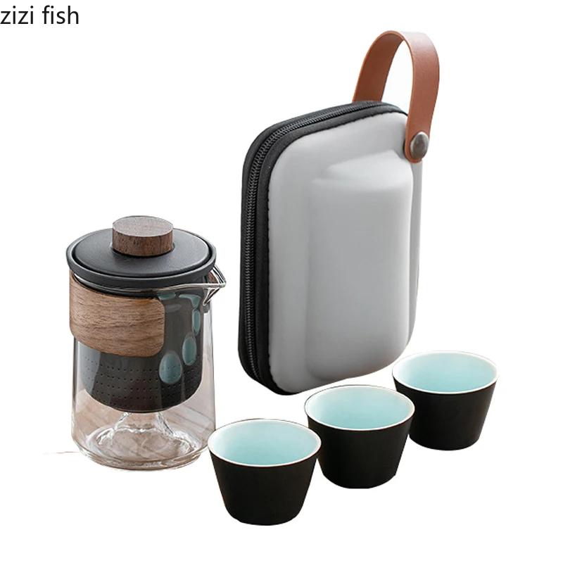 Portable Travel Tea Set Outdoor Ceramic Kung Fu Tea Set Glass Teas Making Tools Teas Infuser Teapot Tea Cup Teaware Sets