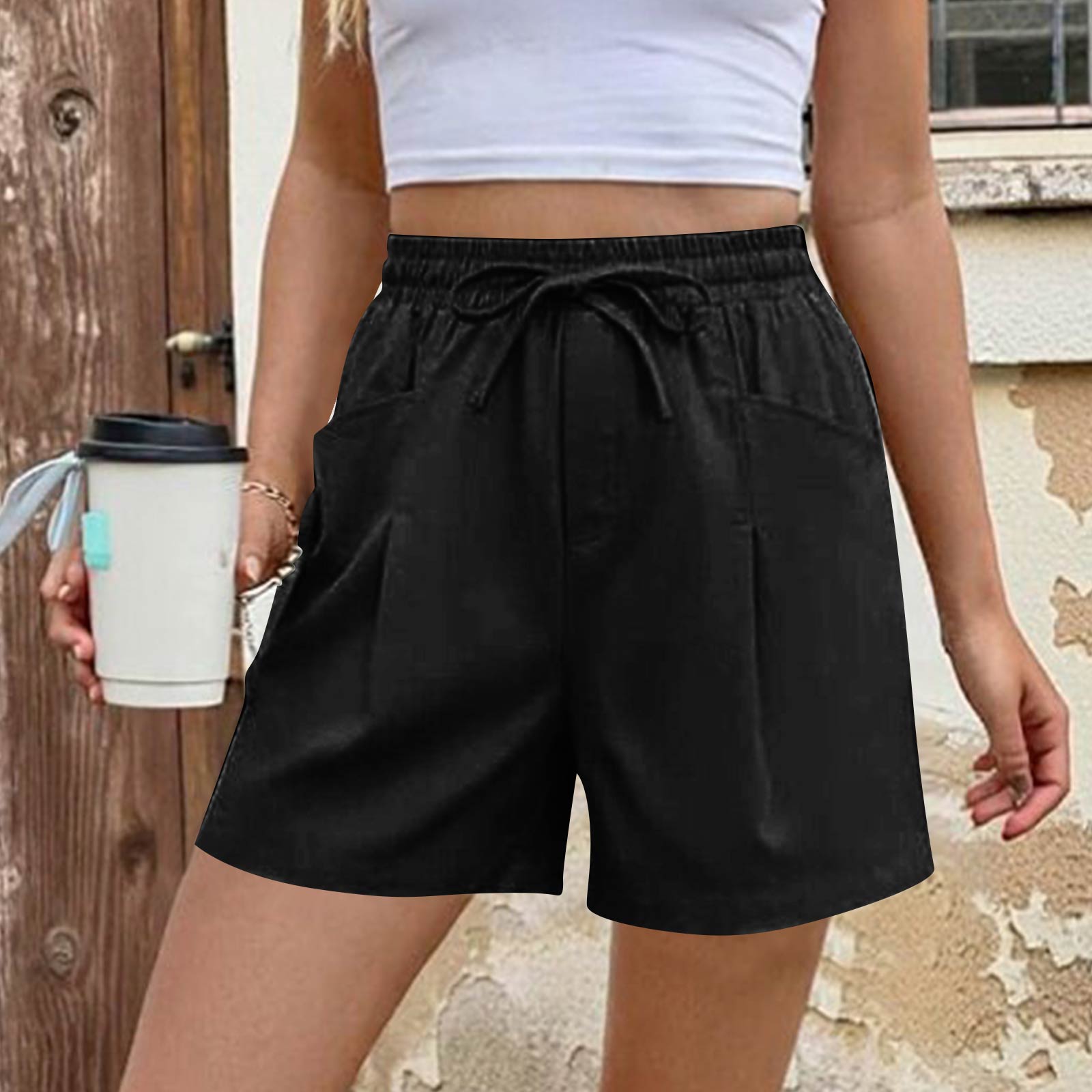 Women s Fashionable Casual Comfortable Wide-Leg High-Waisted Elastic Waist Drawstring Shorts L