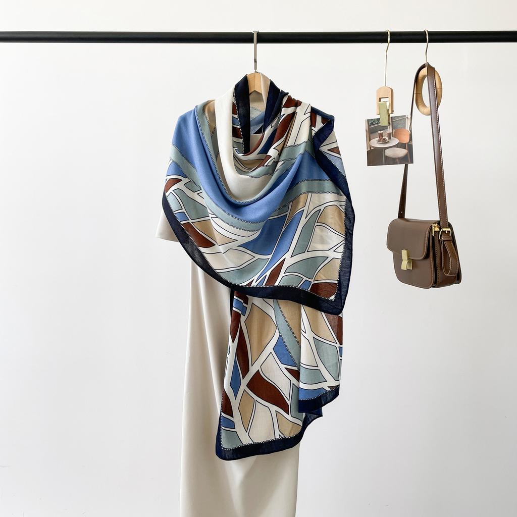 Autumn New High End Touching Word Pattern Silk Scarf for Women Lake Color Geometric Printing Imitation Silk Satin Shawl