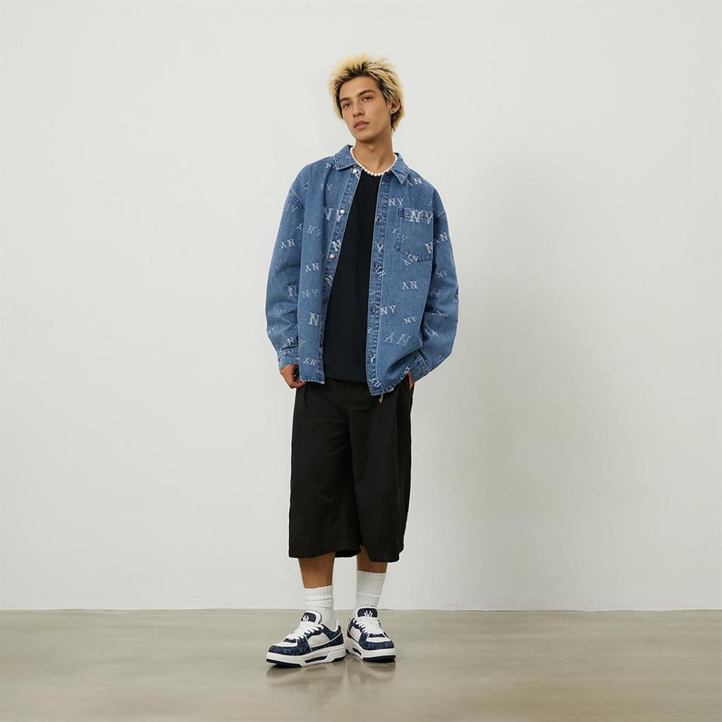 MLB Monogram Vintage American Casual All-Over Print Logo Denim Shirt Unisex Shirts Indigo 3ADRM0244-50INS