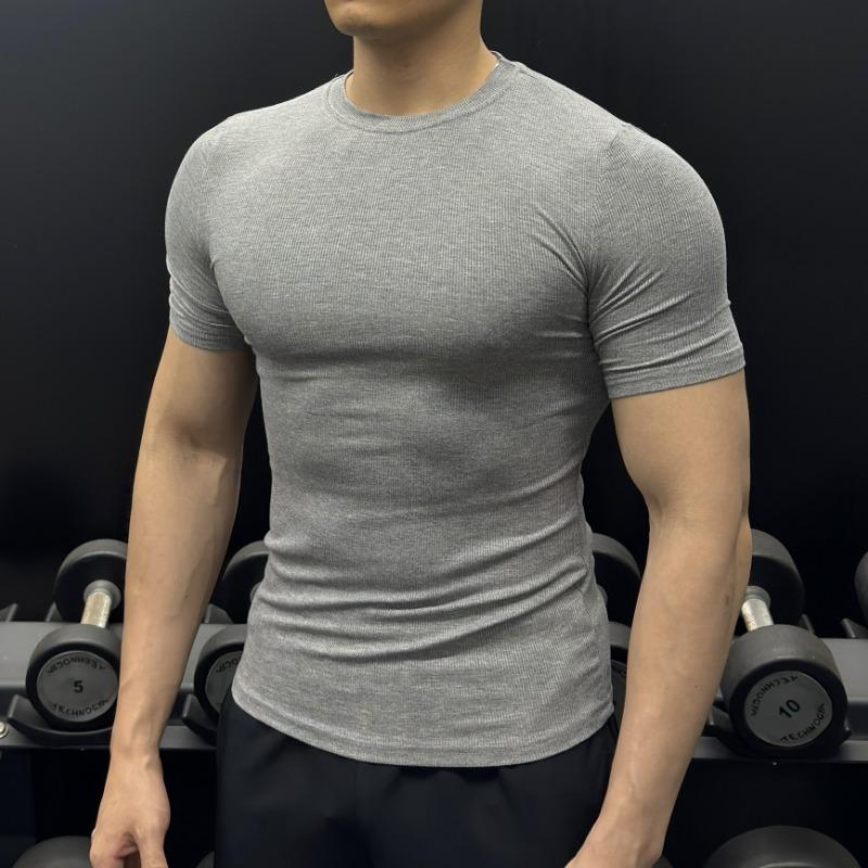Мужская серая футболка в рубчик, облегающая, с коротким рукавом, для тренировок в спортзале M серый