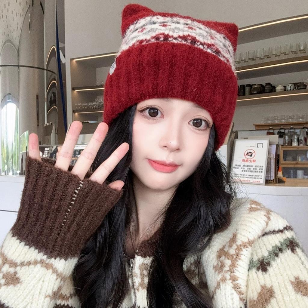 New Retro Fair Island Wind Jacquard Knitted Wool Hat Women's Winter Velvet Warm Cute Ear Cold Hat