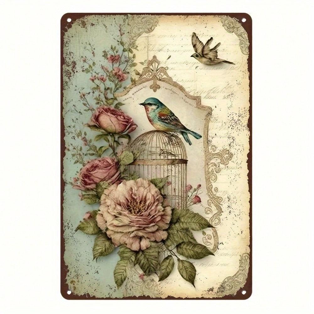 

Shabby Chic Floral Bird Metal Plaque, Vintage Birdcage & Rose Decor, Home Art Accent for Shabby Chic & Nature Fans 20x30cm（7.8x11.8inch）