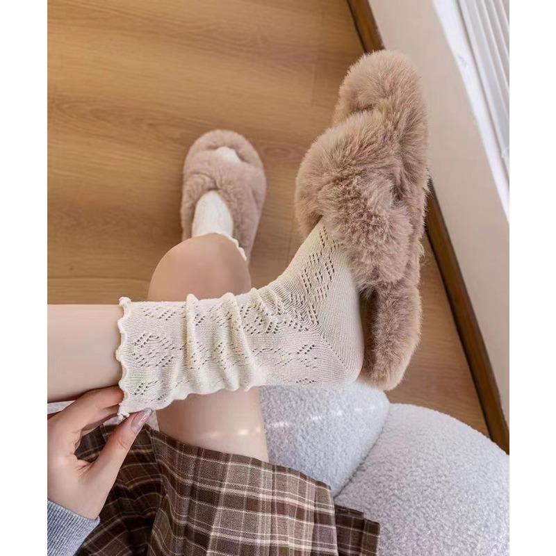 Spring, Autumn and Winter Retro Breathable Mid-calf Pile Socks for Women with Hollowed-out, Moving Loop Mesh Lace, White