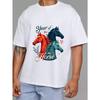 T-Shirt White Year of The Horse Print with Three Horses and Floral Design for Casual Wear