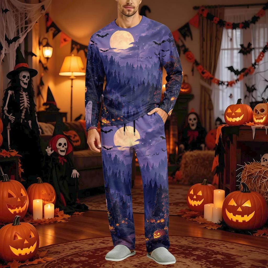 Men's Halloween Pajama Set Long Sleeve Long Pants with Crotch Buttons and Elastic Drawstring Waist
