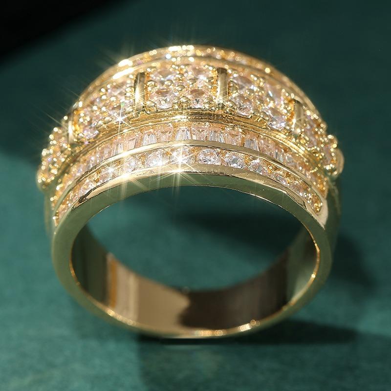 Exquisite Gold Color Inlaid White CZ Women's Ring Geometry Design Daily Wear Party Jewelry