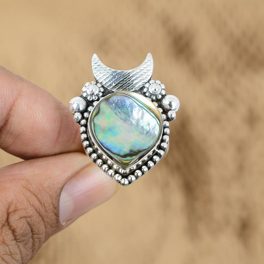Natural Abalone Shell Promise Cresent Moon Adjustable Ring 925 Silver For Girls