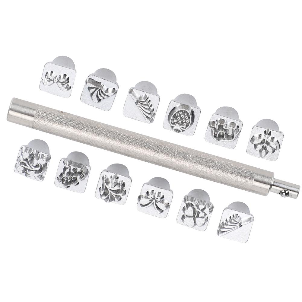 12Pcs Stamping Punch Tool Plants Animals Pattern DIY Leather Craft Carving Stamper 1Pc Handle