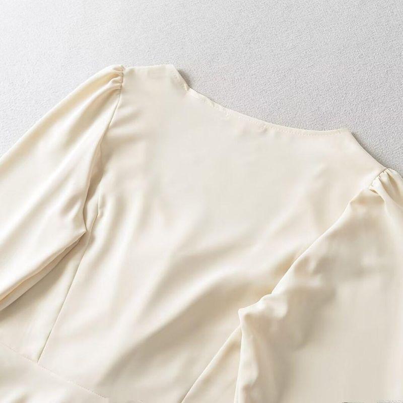 Kaslead New Arrival Women's Clothing Fashion Style Stylish Simple and Versatile Shoelace Waist-Controlled Long Sleeves Square Collar Top