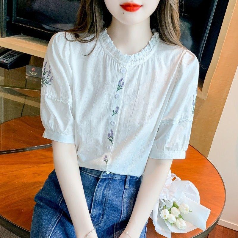 Summer New Women's Fashionable Age-reducing Embroidered Cotton Shirt Women's Fashionable Cotton Puff Sleeve Loose Top