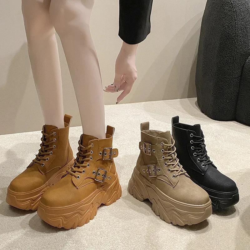 fashion Women's High Platform Motorcycles Boots Autumn Winter 8CM Heels Ankle Combat Boots New Chunky Leather Sneakers Buckle Punk Boots