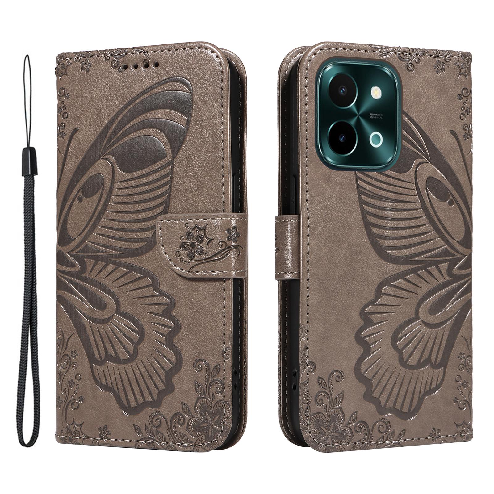 

For vivo Y28 4G Case Butterfly Flip Leather Phone Cover with Wrist Strap D