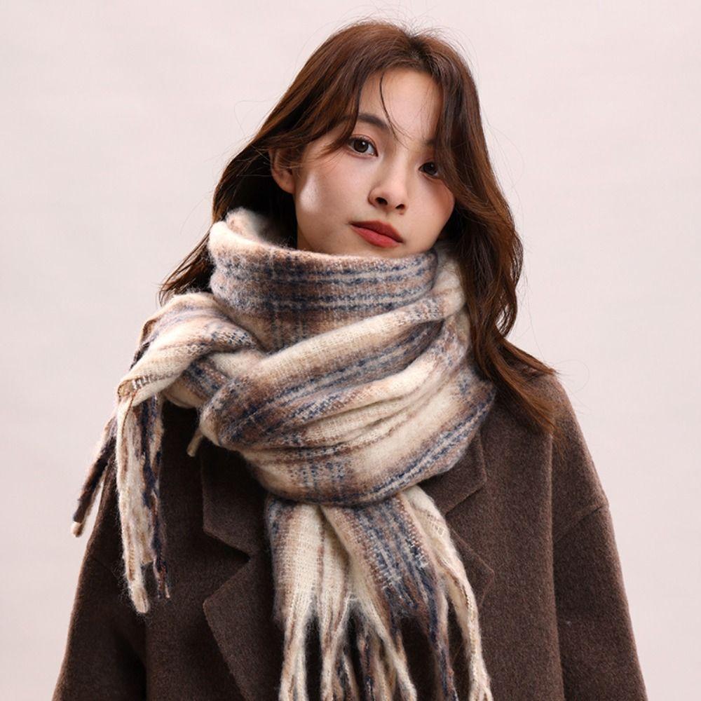 Tassel Plaid Wool Scarf Mohair Long Shawl Elegant Winter Cashmere Scarves  Girl