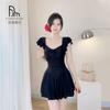 Seaside One-piece Swimsuit Women's High-end Flying Sleeves Square Collar Slimming Conservative Skirt Solid Color Small Chest Gathers Slightly Fat
