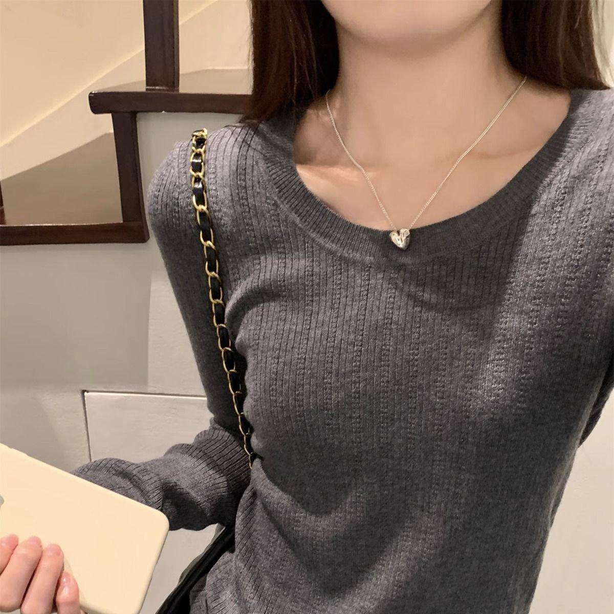 

Korean Style Slim Fit Elegant Thin Round Neck Pullover Soft Knitwear Spring Base Layer Long Sleeve Versatile Top For Women XL сірий колір