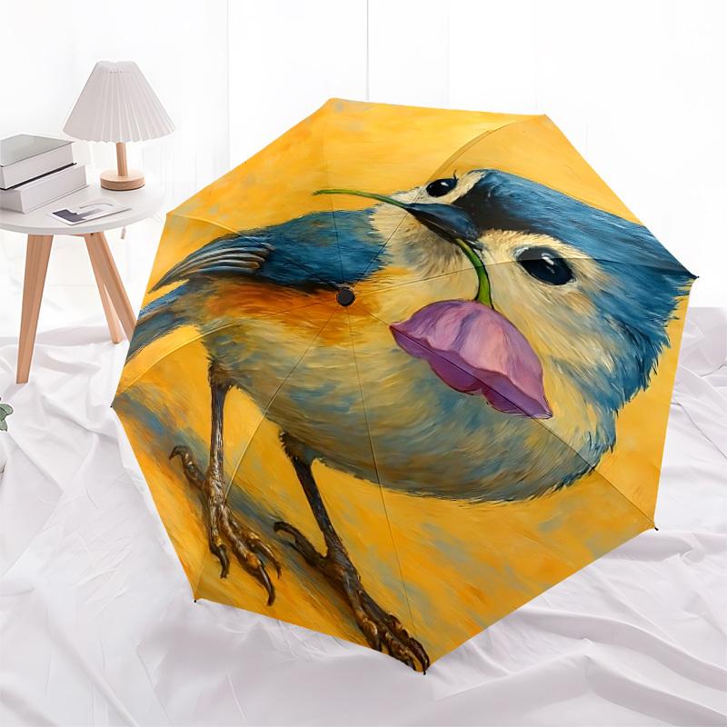 1pc Bird Flower Automatic Folding Umbrella - 8-Rib Compact Travel Umbrella Durable & Portable for Outdoor Use, Perfect Gift087