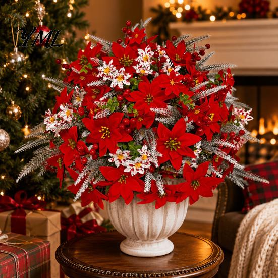 Decorative Plastic Flowers for Table Centerpieces 23Pcs Artificial Poinsettia Flowers, Lifelike Flower Arrangement Home Office Wedding Indoor