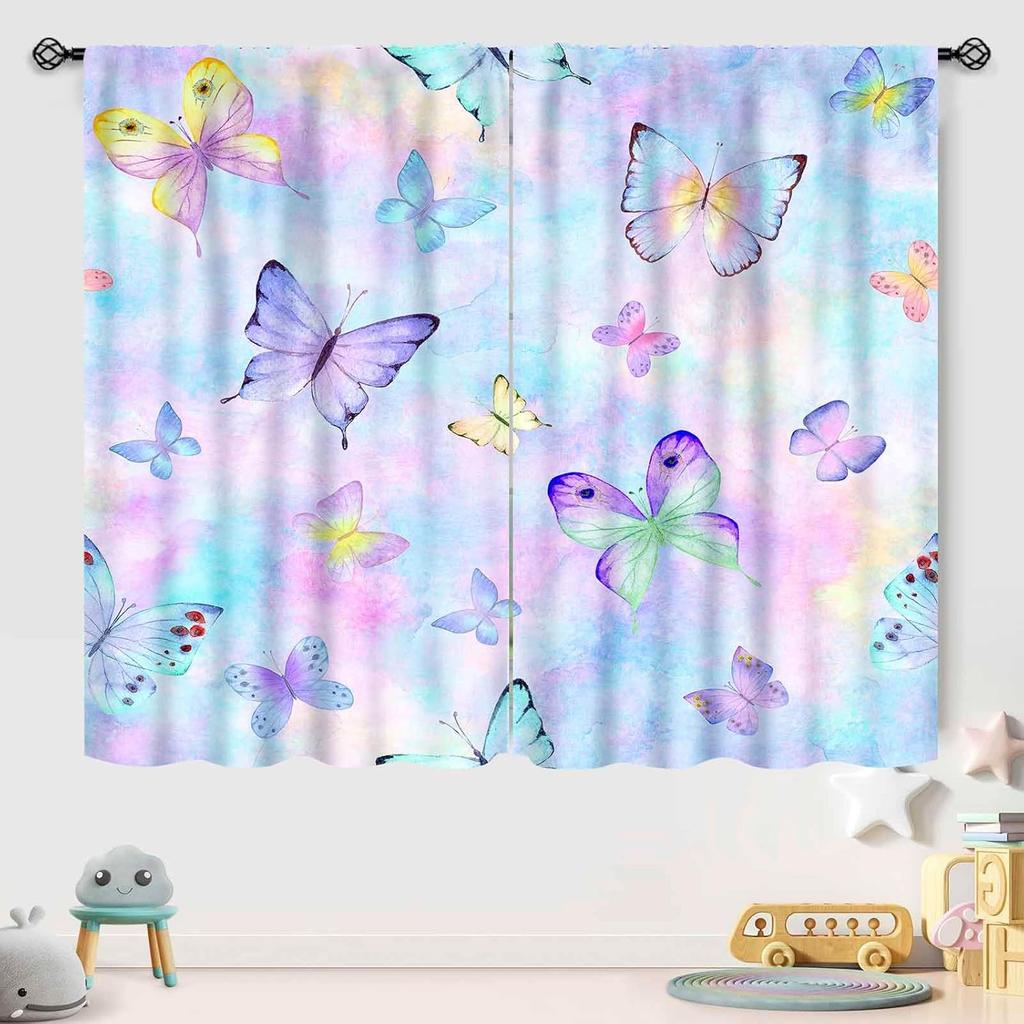Butterfly Curtains Girls Room Rainbow Pink Purple Galaxy Star Princess Kids Drapes Treatments Living Rooms Curtain Polyester Perfect For