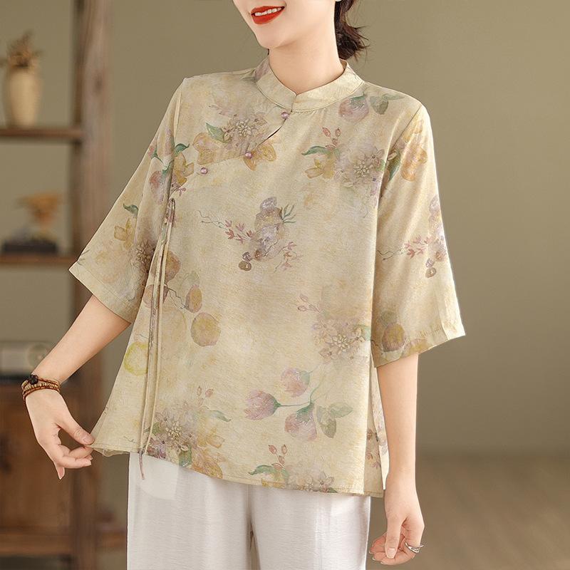 

Летняя винтажная рубашка с принтом, со стеклянной пряжкой и шнуровкой, женский топ 2XL хаки