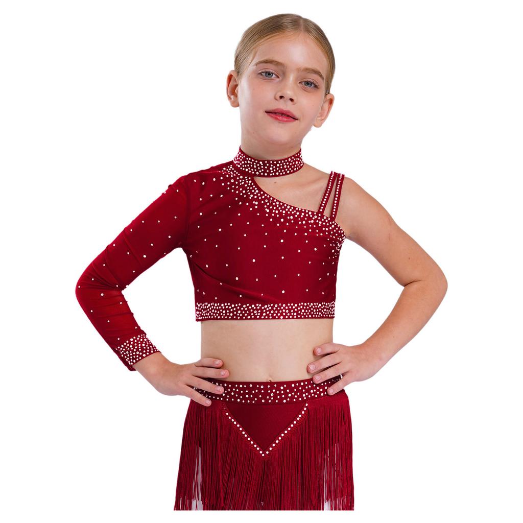 Girls Dance Costume Set Sparkly Rhinestones Crop Top with High-Low Chiffon Skirt