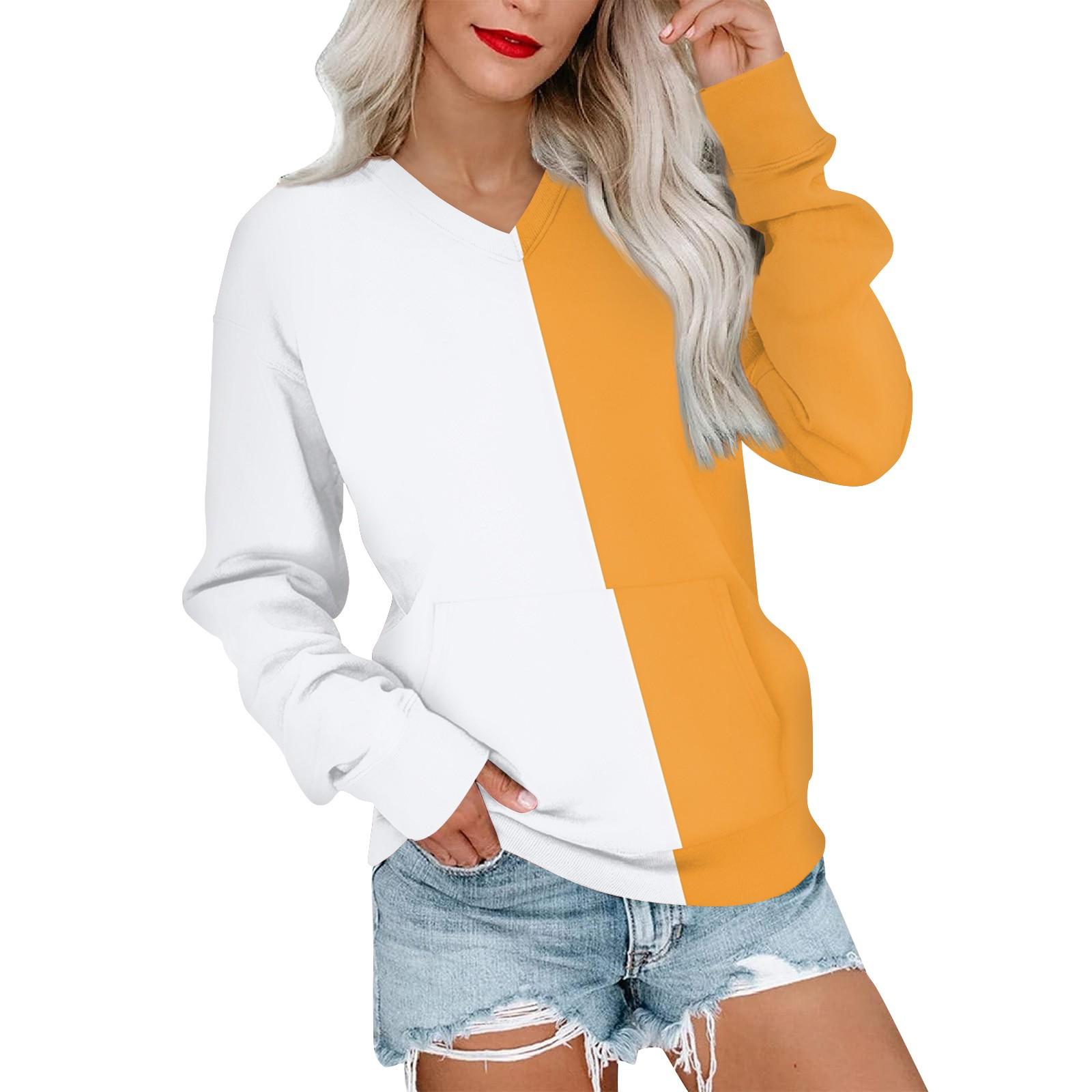 

Women s Casual Fashion Stitching Color V-Neck Long Sleeve Sweatshirt Light Pullover With Pockets S жовтий