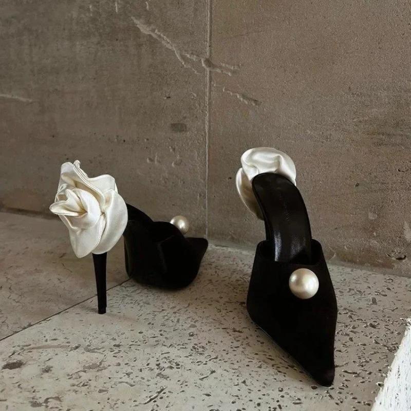 Fashion Black Satin High Heels Slippers New Spring and Summer Pearl High Heels Stiletto Heels Women's Stiletto Party White Rose Sandals