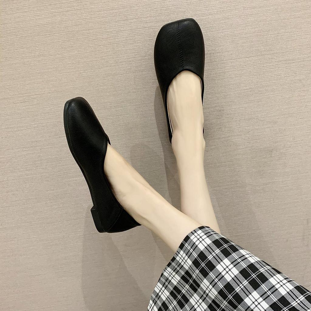 Square Head Soft Sole Single Shoes Women's Summer and Autumn Low Heel Soft Leather Women's Shoes Two Shoes Women