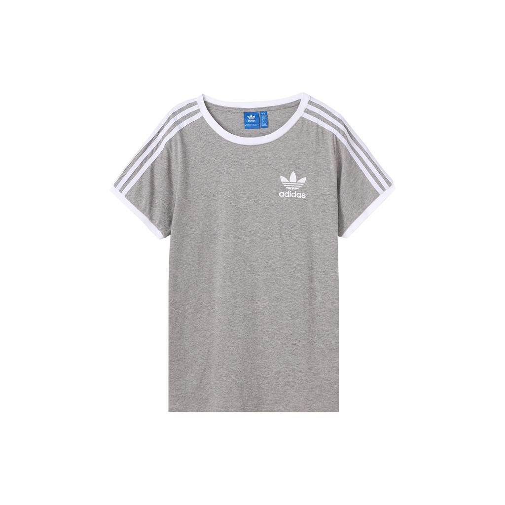Adidas Originals Trefoil Striped Logo Print Sports Training Crew Neck Short Sleeve T-Shirt Women Tops Gray BK7131