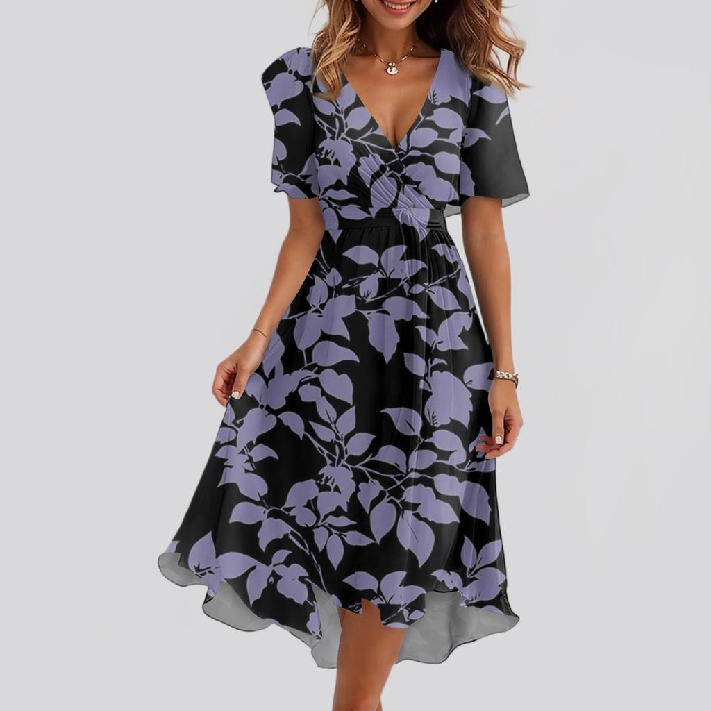 Damen Locker Lässig V-Ausschnitt Ausgestellter Rock Kurzärmlig Bedrucktes Kleid Bedrucktes Kleid