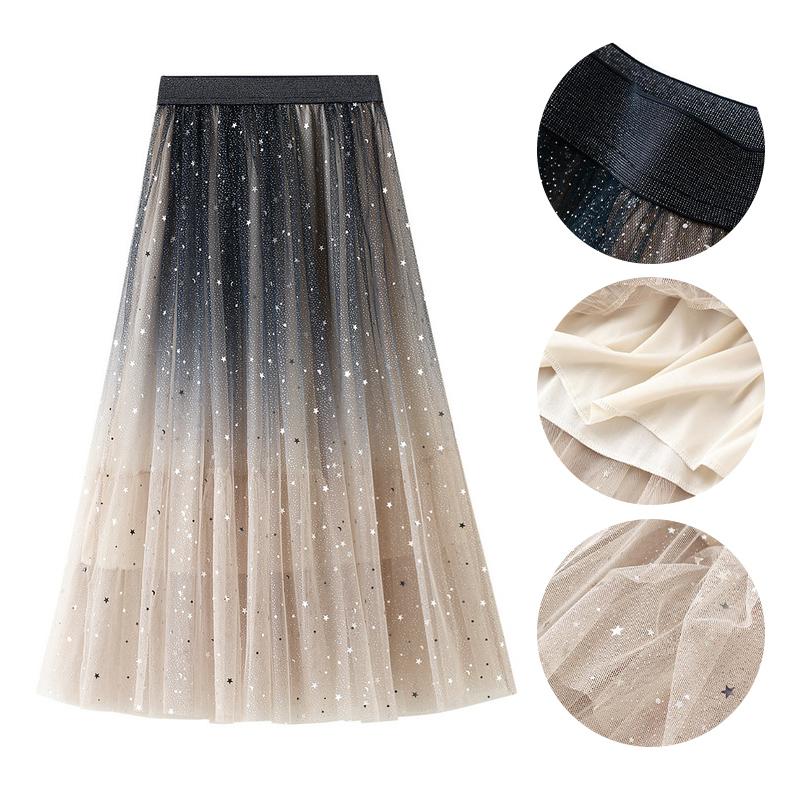 Sommerliches Pailletten-Traumkleid aus Tüll, mittellang, Farbverlauf, Stern-Pailletten-Galaxie-Kleid, modischer A-Linien-Rock mit hoher Taille