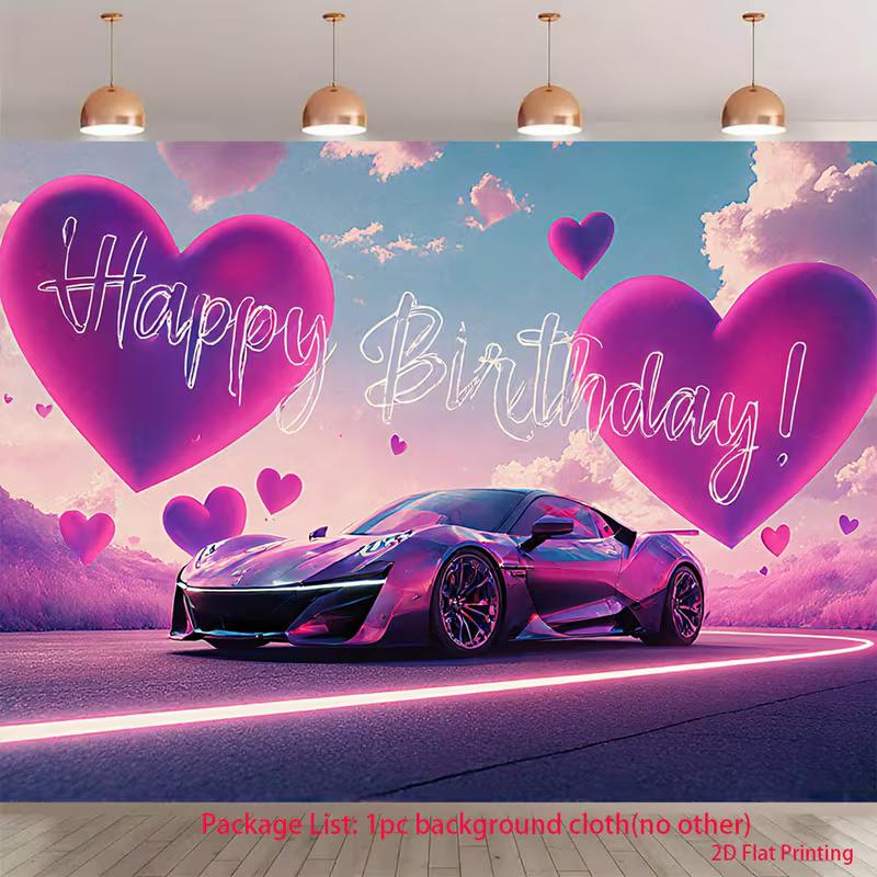

2D Birthday Sports Car Backdrop Happy Birthday Heart Balloon Background for Photoshoot 47.2x31.5inch/120*80cm