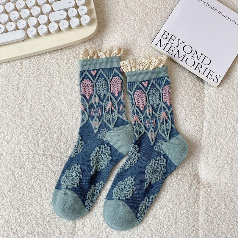 Luxury Socks Korean Fashion Women Harajuku Style Geometric 3D Textured Winter Thick Warm Cashmere Lace Designer Socks Vintage