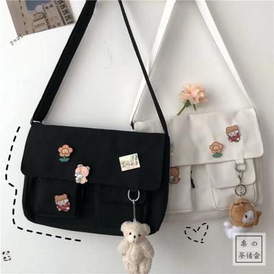 Japanese Harajuku Style Canvas Messenger Bag - Retro Cute Shoulder Bag for Women Girls, Lightweight School College Bag with Multiple Pockets