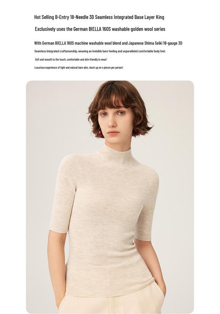Women's 18-Gauge Fine-Spun Yangtze Yarn 100% Wool Mid-Sleeve Spring Slim-Fit Base Layer Top