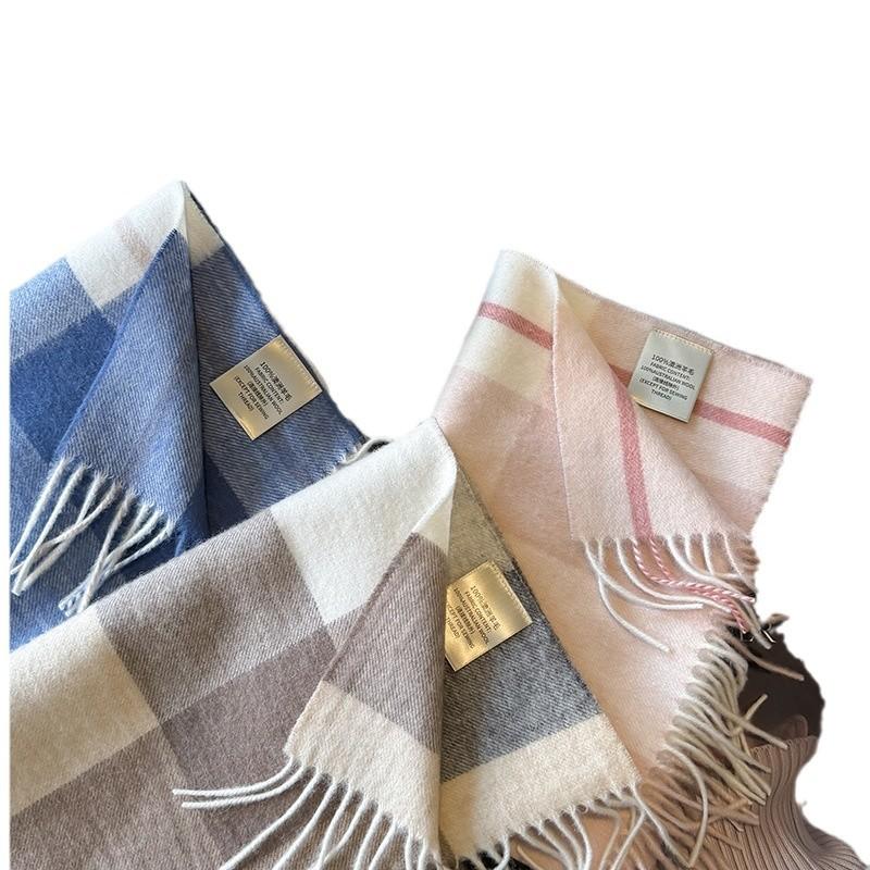 New Wool Warm Scarf for Women in Color Blocked Plaid Scarf Long Tassel Scarf Thickened and Warm