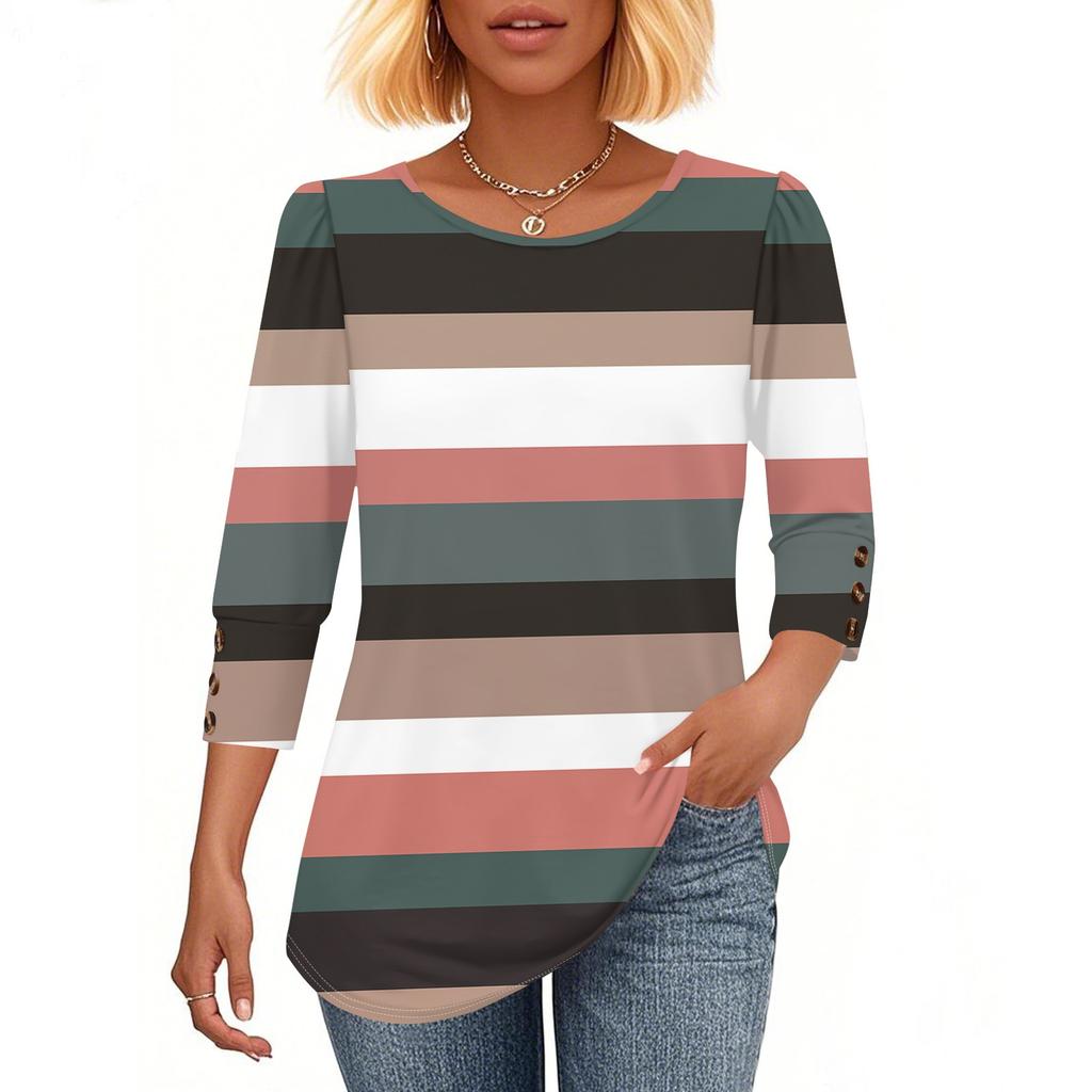 Women's Fashion Casual Striped Print T-shirt Top With Round Neck And Seven Cuff Sleeves