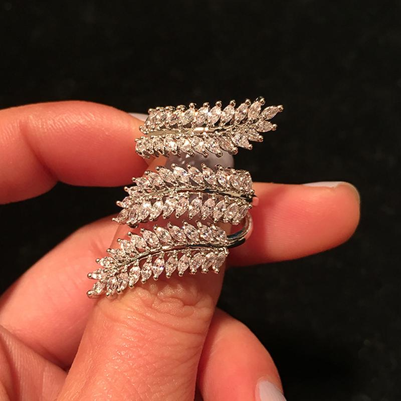 Huitan Olive Leaf Adjustable Opening Rings for Women Full Marquise Cubic Zirconia Multi-layered Sparkling Female Wedding