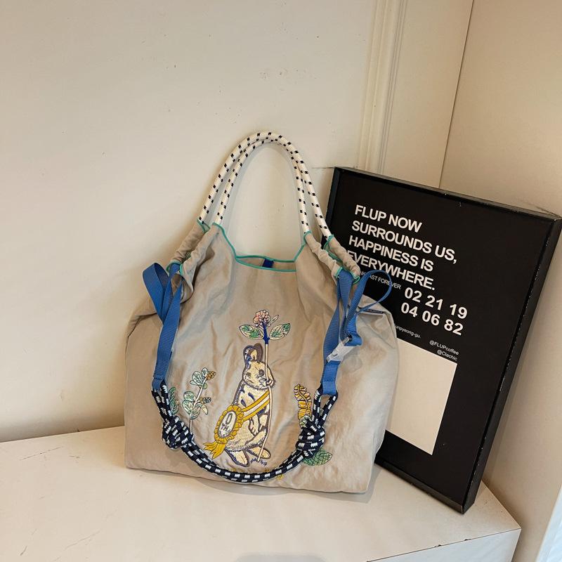 Embroidery tote bag women's 2025 new fashion shoulder bag shopping bag large capacity casual nylon bag