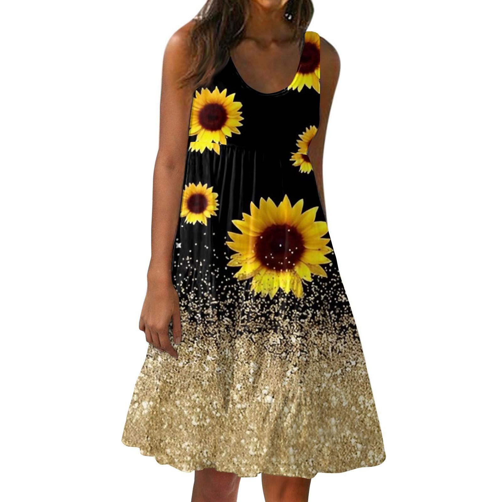 

Женское летнее модное свободное пляжное платье без рукавов с подсолнухом и цветочным принтом в стиле пэчворк M золотой