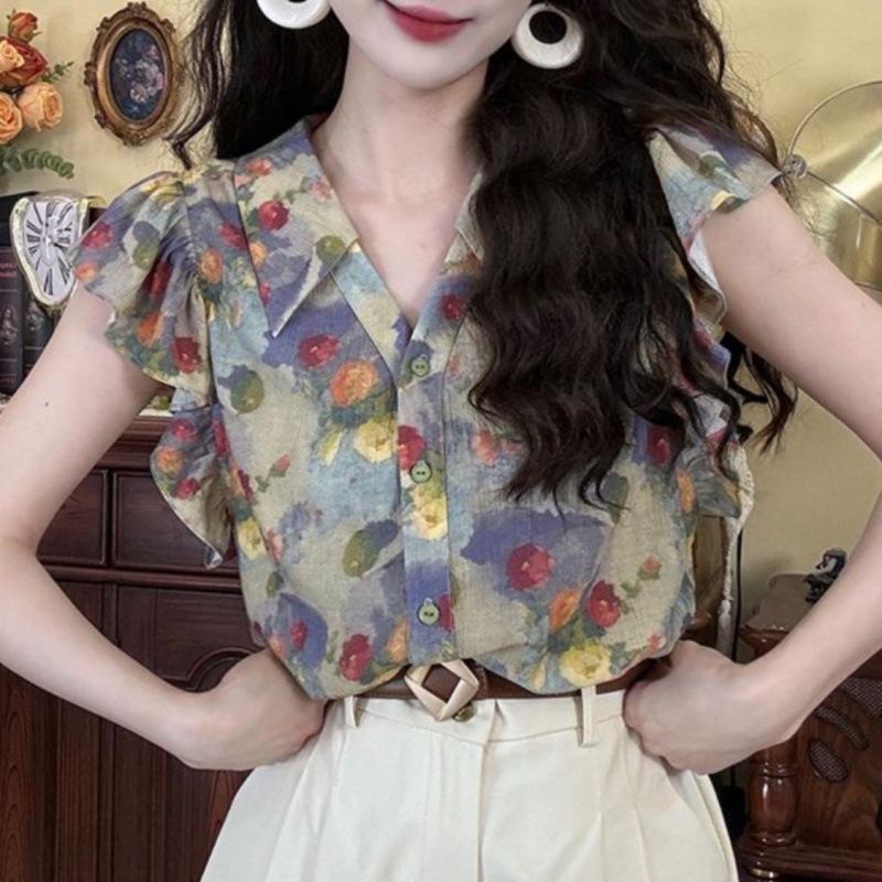 

Ретро Гонконгская Цветочная Женская Рубашка с V-образным вырезом и пышными короткими рукавами XL (approx. 116-125 kg) цветочные печати
