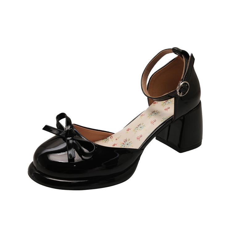 

Модные туфли Мэри Джейн с бантом, сандалии баотоу, женские, лето 2025, новинка, для улицы, фея, юбка, модный блочный каблук, высокие каблуки 39 чёрный