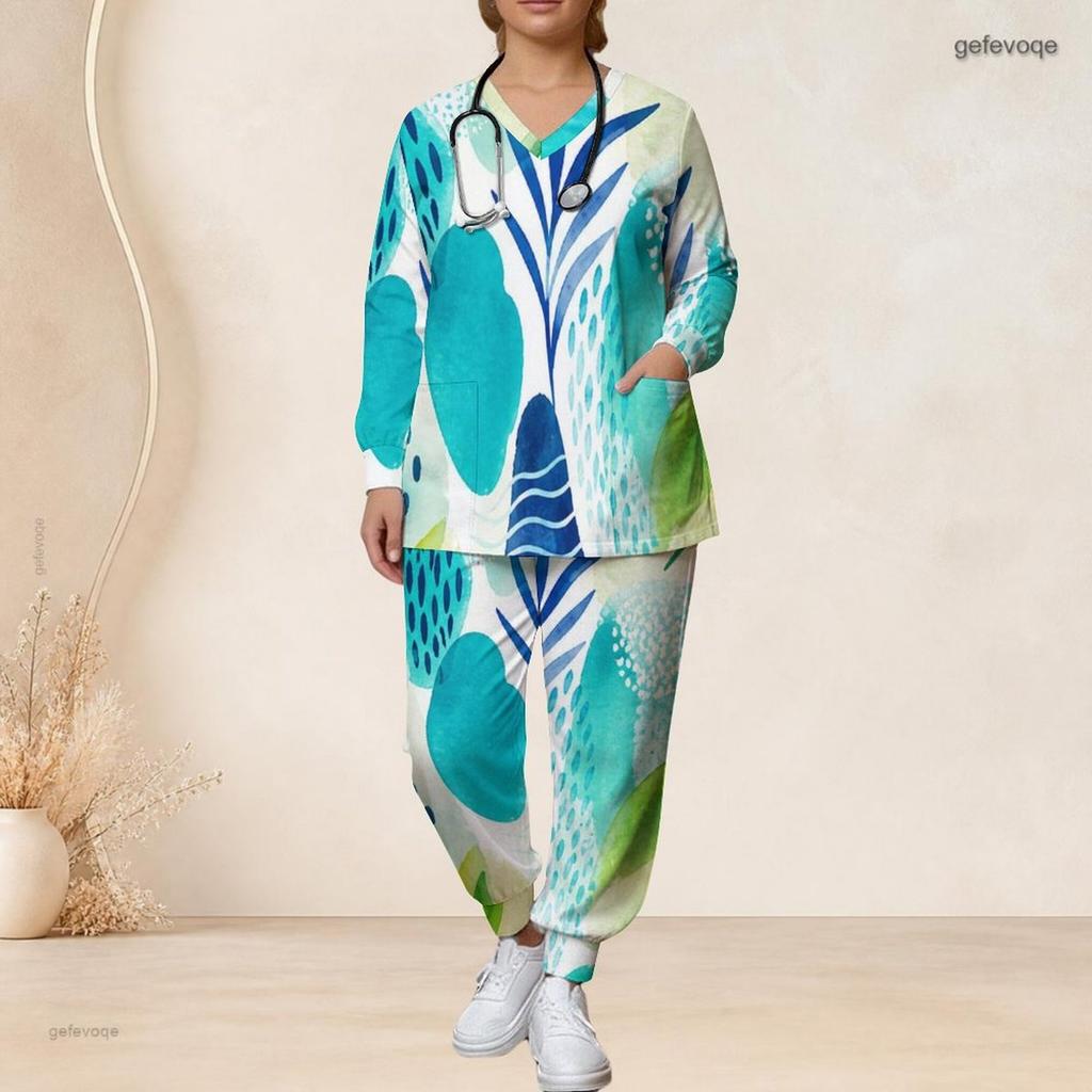 Women Plus Size Printed Nurse Scrub Set V Neck Long Sleeve Top With Pockets Long Pants Two Piece