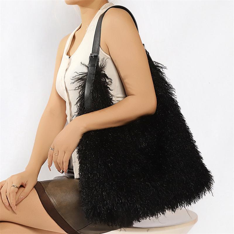 Yogodlns Large Capacity Fluffy Fur Shoulder Bag Y2k Fashion Plush Women Commute Shoulder Bag Tote Casual Winter Shopping Underarm Handbag